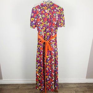 Vintage Medium 70s Dress Purple Floral Maxi Tie